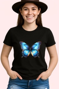Tricou Fluture albastru intens cu accente aurii si margini negre Copii | Dama | Barbat, negru - Img 4