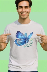 Tricou Fluture albastru pastel pe frunza fundal simplu Copii | Dama | Barbat Barbat - Img 2