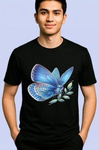 Tricou Fluture albastru pastel pe frunza fundal simplu Copii | Dama | Barbat, negru - Img 2