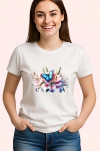 Tricou Fluture albastru pe crin roz compozitie florala vibranta Copii | Dama | Barbat Barbat - Img 3