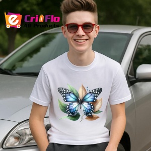 Tricou Fluture albastru pe frunze bej grafica decorativa Copii | Dama | Barbat Barbat - Img 6
