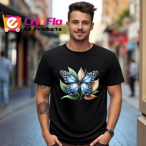 Tricou Fluture albastru pe frunze bej grafica decorativa Copii | Dama | Barbat, negru - Img 5