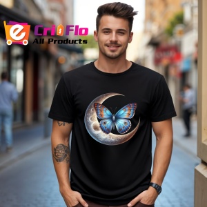 Tricou Fluture albastru pe luna grafica mistica si eleganta Copii | Dama | Barbat, negru - Img 6