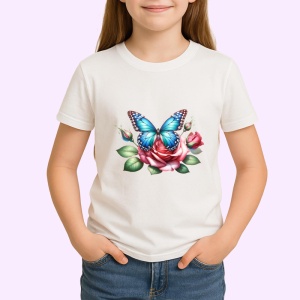 Tricou Fluture albastru pe trandafir roz compozitie romantica Copii | Dama | Barbat Barbat - Img 4