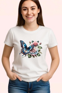 Tricou Fluture albastru pe trandafiri roz compozitie romantica Copii | Dama | Barbat Barbat - Img 3