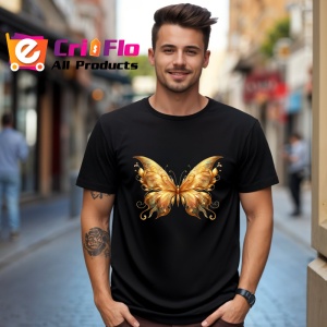 Tricou Fluture auriu cu aripi simetrice stil luxos si ornamental Copii | Dama | Barbat, negru - Img 5