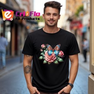 Tricou Fluture portocaliu pe trandafir roz compozitie romantica Copii | Dama | Barbat Barbat - Img 17