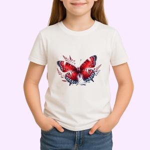 Tricou Fluture rosu cu alb si flori ilustrate desen dinamic Copii | Dama | Barbat Barbat - Img 4
