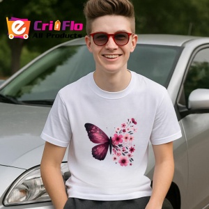Tricou Fluture roz cu flori de primavara design elegant Copii | Dama | Barbat Barbat - Img 9