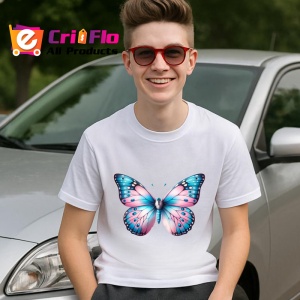 Tricou Fluture roz pastel cu accente albastre design feminin Copii | Dama | Barbat Barbat - Img 8