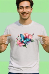 Tricou Fluture turcoaz pe hibiscus rosu compozitie tropicala Copii | Dama | Barbat Barbat - Img 2