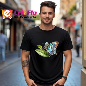 Tricou Fluture turcoaz si maro pe frunze stil botanic realist Copii | Dama | Barbat Barbat - Img 18
