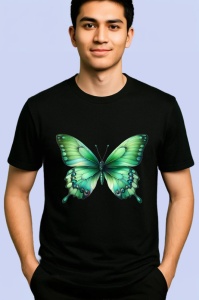 Tricou Fluture verde smarald cu efect de catifea pe fundal alb Copii | Dama | Barbat Barbat - Img 5