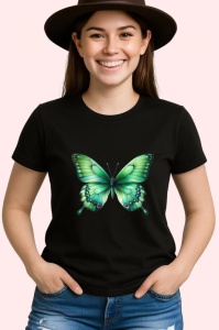 Tricou Fluture verde smarald cu efect de catifea pe fundal alb Copii | Dama | Barbat Barbat - Img 7