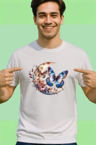 Tricou Fluturi albastri si maro pe luna si flori compozitie mistica Copii | Dama | Barbat Barbat - Img 2