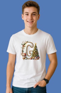 Tricou G Litere Craciun Cu Ren, Brad, Luminite Si Cadouri, din bumbac 100% Copii | Dama | Barbat - Img 2