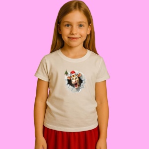 Tricou Girafa Cu Bradut Si Fundal Alb Craciun, din bumbac 100% Copii | Dama | Barbat - Img 3