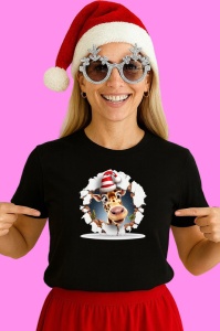 Tricou Girafa Cu Caciula Mosului Craciun, din bumbac 100% Copii | Dama | Barbat
