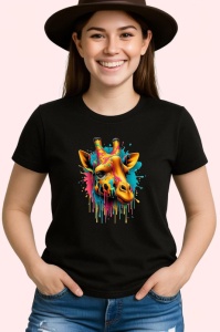 Tricou Girafa portocalie si albastra pop art exotic Copii | Dama | Barbat, culoare negru - Img 3