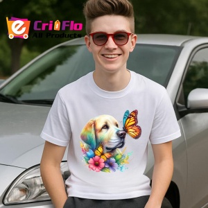 Tricou Golden Labrador cu fluturi portocalii si flori colorate ilustratie vesela Copii | Dama | Barbat Barbat - Img 8