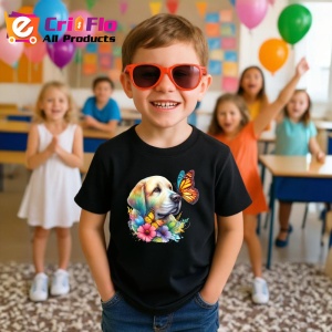 Tricou Golden Labrador cu fluturi portocalii si flori colorate ilustratie vesela Copii | Dama | Barbat Barbat - Img 20