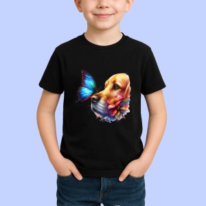 Tricou Golden Retriever cu fluture albastru si flori desen adorabil de vara Copii | Dama | Barbat Barbat - Img 6
