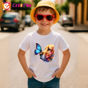 Tricou Golden Retriever cu fluture albastru si flori desen adorabil de vara Copii | Dama | Barbat Barbat - Img 13
