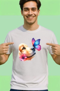 Tricou Golden Retriever cu fluture pe nas si fundal roz pastel Copii | Dama | Barbat Barbat - Img 2