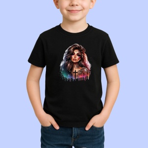Tricou Gothic tattoo girl cross chest, fata gotica tatuata cu cruce pe piept, Copii | Dama | Barbat , tricou negru - Img 2
