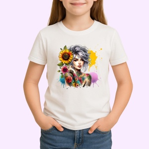 Tricou grey bun girl shoulder flower tattoo, fata coc gri cu tatuaj umar floral, Copii | Dama | Barbat - Img 3