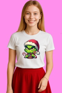 Tricou Grinch Cu Bastonas Si Caciula Pufoasa, din bumbac 100%, tricou alb, Copii | Dama | Barbat