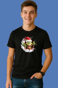 Tricou Grinch Cu Fundal Gri Si Privire Vesela Craciun, din bumbac 100% Copii | Dama | Barbat - Img 2