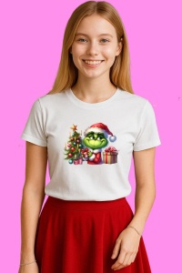 Tricou Grinch Langa Brad Cu Cadouri Craciun, din bumbac 100%, tricou alb, Copii | Dama | Barbat - Img 3