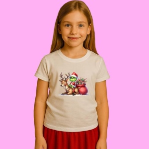 Tricou Grinch Pe Ren Cu Sac Plin De Cadouri, din bumbac 100%, tricou alb, Copii | Dama | Barbat