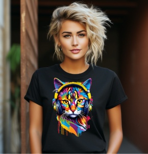 Tricou haios dama personalizat Cat in headphones