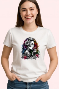 Tricou half black half color girl skull tattoo, fata jumatate alb negru cu tatuaj craniu, Copii | Dama | Barbat - Img 4