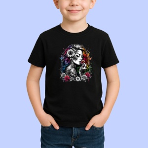 Tricou Half black half color girl skull tattoo, fata jumatate alb negru cu tatuaj craniu, Copii | Dama | Barbat , tricou negru - Img 2