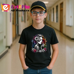 Tricou Half black half color girl skull tattoo, fata jumatate alb negru cu tatuaj craniu, Copii | Dama | Barbat , tricou negru - Img 5