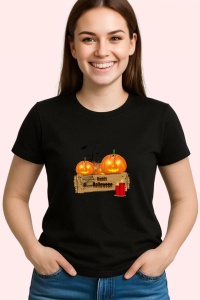Tricou Halloween Dovleci Decor Lemn, din bumbac 100%, tricou negru, Dama | Barbat - Img 2
