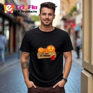 Tricou Halloween Dovleci Decor Lemn, din bumbac 100%, tricou negru, Dama | Barbat - Img 3