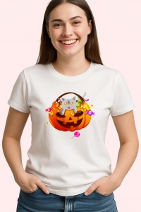 Tricou Halloween Pumpkin Cat, din bumbac 100%, tricou alb, Dama | Barbat - Img 3