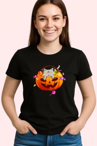 Tricou Halloween Pumpkin Cat, din bumbac 100%, tricou negru, Dama | Barbat