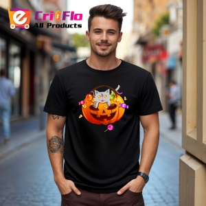 Tricou Halloween Pumpkin Cat, din bumbac 100%, tricou negru, Dama | Barbat - Img 3