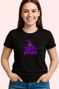 Tricou Happy Halloween Palarie Vrajitoare Mov V4, din bumbac 100%, tricou negru Copii | Dama | Barbat