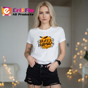 Tricou Happy Halloween Text Portocaliu, din bumbac 100%, tricou alb, Dama | Barbat - Img 5