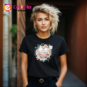 Tricou Happy Mothers Day Inima Cu Flori Pastel, din bumbac 100%, tricou negru Copii | Dama | Barbat - Img 8