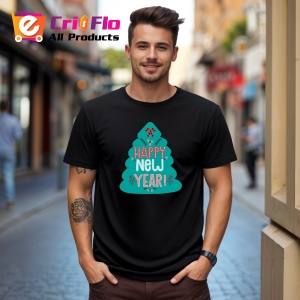 Tricou Happy New Year Brad Stilizat, din bumbac 100%, tricou negru, Dama | Barbat