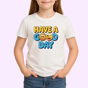 Tricou Have A Good Day Soare Zambitor Font Galben Albastru, din bumbac 100% , tricou alb pentru Copii | Dama | Barbat - Img 2