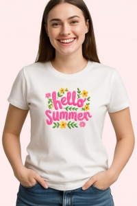 Tricou Hello Summer Font Roz Flori Colorate V2, din bumbac 100% , tricou alb pentru Copii | Dama | Barbat - Img 3