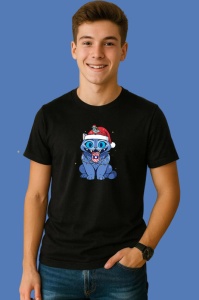 Tricou Huntrix K Pop Hunters Demon Christmas Blue Cat Mascota Festiva, din bumbac 100%, tricou negru, Copii | Dama | Barbat - Img 3